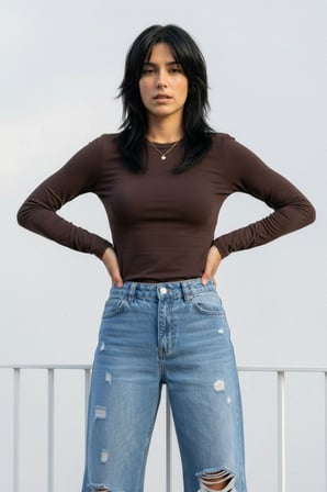 Kadın 2'li Basic Uzun Kol Bisiklet Yaka Likrasız Slim Fit Tişört