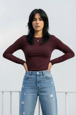 Kadın 2'li Basic Uzun Kol Bisiklet Yaka Likrasız Slim Fit Tişört