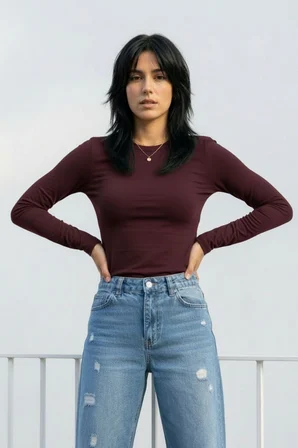 Kadın 2'li Basic Uzun Kol Bisiklet Yaka Likrasız Slim Fit Tişört