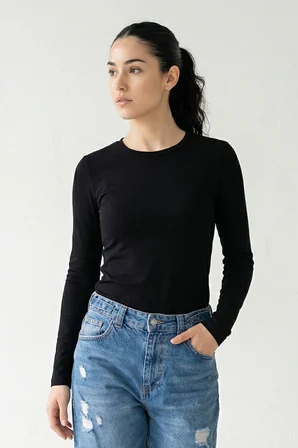 Kadın 2'li Basic Uzun Kol Bisiklet Yaka Likrasız Slim Fit Tişört