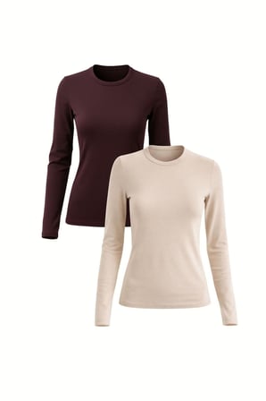 Kadın 2'li Basic Uzun Kol Bisiklet Yaka Likrasız Slim Fit Tişört