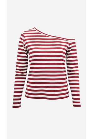 Siyah Beyaz Çizgili Kadın Düşük Omuz Kayık Yaka Rahat Kesim Uzun Kollu T-Shirt