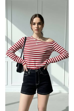 Siyah Beyaz Çizgili Kadın Düşük Omuz Kayık Yaka Rahat Kesim Uzun Kollu T-Shirt