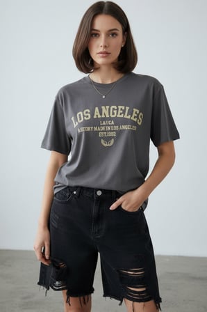 Los Angeles Slogan Baskılı Kısa Kol Bisiklet Yaka Basic Tişört