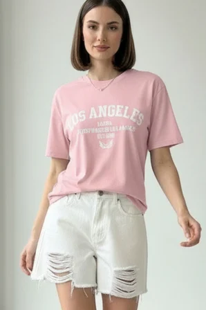 Los Angeles Slogan Baskılı Kısa Kol Bisiklet Yaka Basic Tişört
