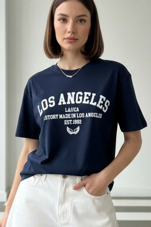 Los Angeles Slogan Baskılı Kısa Kol Bisiklet Yaka Basic Tişört
