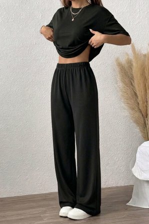 Kadın 2'li Rahat Kesim Tişört Geniş Paça Lastikli Örme Pantolon