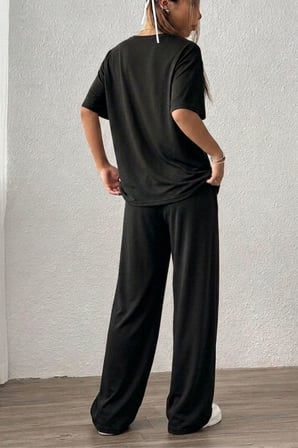 Kadın 2'li Rahat Kesim Tişört Geniş Paça Lastikli Örme Pantolon