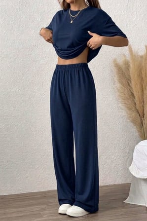 Kadın 2'li Rahat Kesim Tişört Geniş Paça Lastikli Örme Pantolon