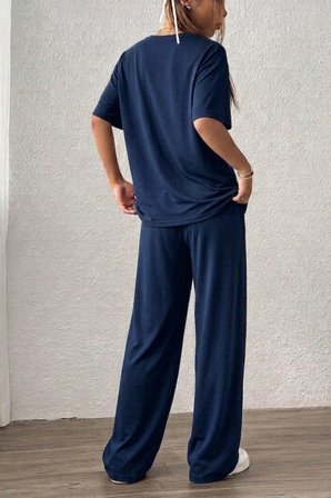 Kadın 2'li Rahat Kesim Tişört Geniş Paça Lastikli Örme Pantolon