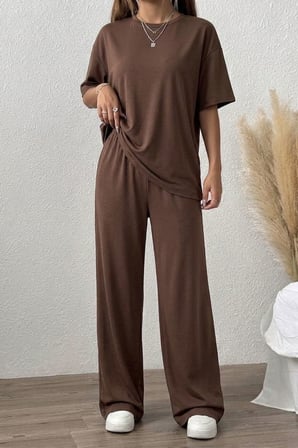 Kadın 2'li Rahat Kesim Tişört Geniş Paça Lastikli Örme Pantolon