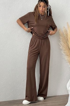 Kadın 2'li Rahat Kesim Tişört Geniş Paça Lastikli Örme Pantolon
