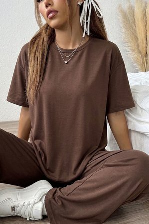 Kadın 2'li Rahat Kesim Tişört Geniş Paça Lastikli Örme Pantolon