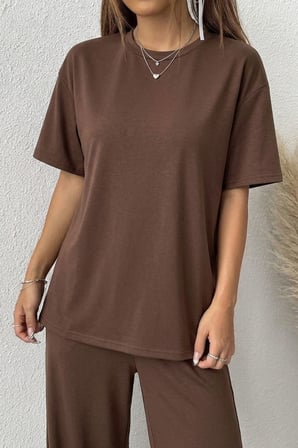 Kadın 2'li Rahat Kesim Tişört Geniş Paça Lastikli Örme Pantolon