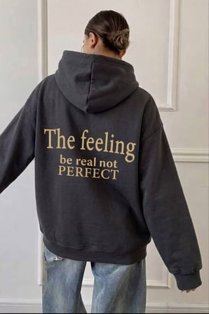 Kapşonlu Oversize Sırt Slogan Baskılı Şardonlu Sweatshirt