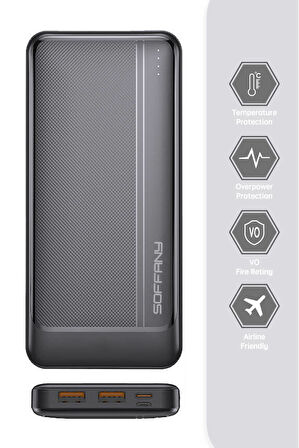 20.000 mAh P.Bank  2 Type-C + 1 USB Çıkışlı Siyah