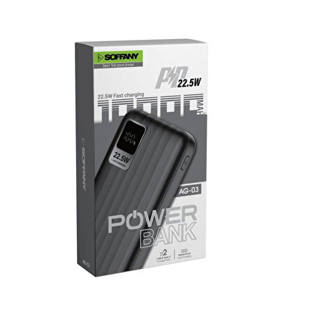 10.000 mAh P.Bank 22.5W  2 Type-C + 1 USB Çıkışlı Siyah