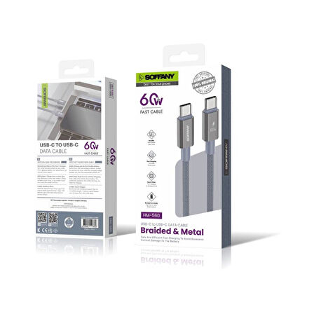 60W  Type-C to Type-C Şarj & Data Kablosu Gri