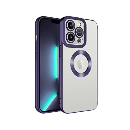iPhone 15 Pro Metal Çerçeveli Şeffaf Kılıf   Mor