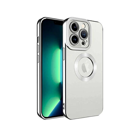 iPhone 15 Pro Max Metal  Çerçeveli Şeffaf Kılıf   Beyaz