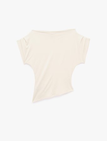 Slim Fit Asimetrik Kesim Kayık Yaka Omzu Açık Kısa Kollu Viskon Bluz