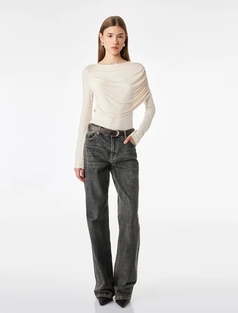 Viskon Slim Fit Drape Detaylı Bisiklet Yaka Uzun Kollu Bluz