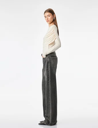 Viskon Slim Fit Drape Detaylı Bisiklet Yaka Uzun Kollu Bluz