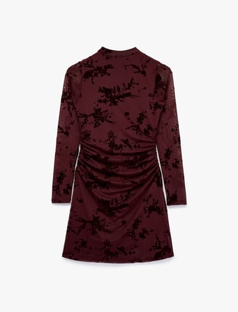 Slim Fit Drapeli Uzun Kollu Dik Qipao Yaka Çiçekli Tül Mini Elbise