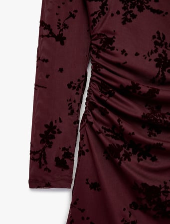 Slim Fit Drapeli Uzun Kollu Dik Qipao Yaka Çiçekli Tül Mini Elbise