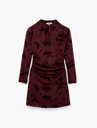 Slim Fit Drapeli Uzun Kollu Dik Qipao Yaka Çiçekli Tül Mini Elbise