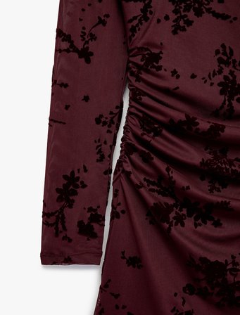 Slim Fit Drapeli Uzun Kollu Dik Qipao Yaka Çiçekli Tül Mini Elbise
