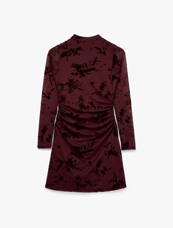 Slim Fit Drapeli Uzun Kollu Dik Qipao Yaka Çiçekli Tül Mini Elbise