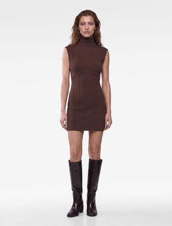 Dikiş Detaylı Fermuar Detaylı Slim Fit Kolsuz Dik Yaka Mini Elbise
