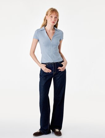 Fermuar Detaylı V Yaka Kısa Kollu Slim Fit Kareli Gömlek