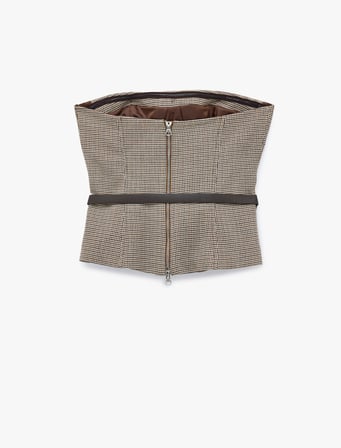 Slim Fit Kemer Detaylı Ekoseli Straplez Korse Bluz