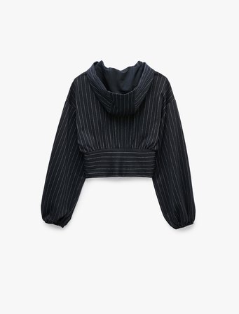 Slim Fit Uzun Kollu Fermuarlı Çizgili Kapüşonlu Sweatshirt