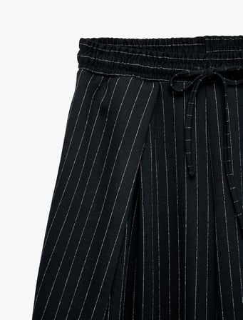 Pile Detaylı Düz Geniş Paça Çizgili Palazzo Pantolon