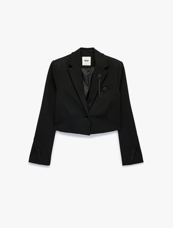 Broş Detaylı Geniş Yaka Uzun Kollu Crop Blazer Ceket