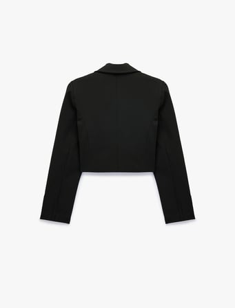 Broş Detaylı Geniş Yaka Uzun Kollu Crop Blazer Ceket