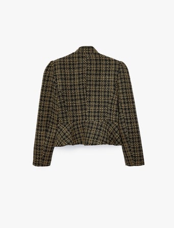 Uzun Kollu Düğmeli Dik Yaka Tüvit Peplum Ekose Ceket