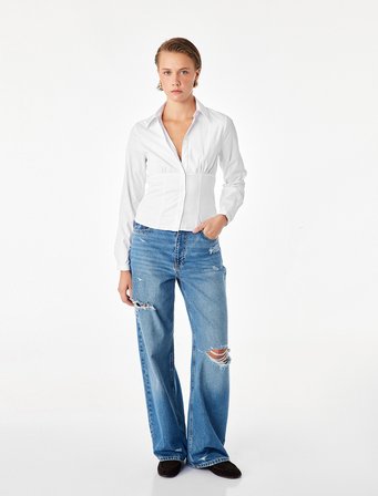 Slim Fit Uzun Kollu Korse Detaylı Poplin Gömlek