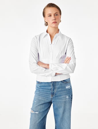 Slim Fit Uzun Kollu Korse Detaylı Poplin Gömlek