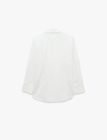 Pamuklu Cepli Uzun Kollu Asimetrik Tasarım Kapama Oversize Poplin Gömlek