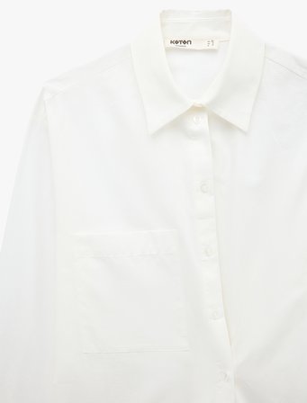 Pamuklu Cepli Uzun Kollu Asimetrik Tasarım Kapama Oversize Poplin Gömlek