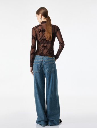 Slim Fit Dik Yaka Uzun Kollu Çiçekli Tül Bluz