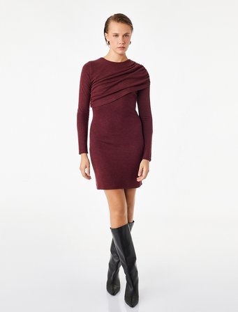 Koyun Yünü Karışımlı Slim Fit Uzun Kollu Drapeli Mini Elbise