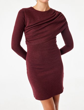 Koyun Yünü Karışımlı Slim Fit Uzun Kollu Drapeli Mini Elbise