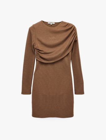 Koyun Yünü Karışımlı Slim Fit Uzun Kollu Drapeli Mini Elbise