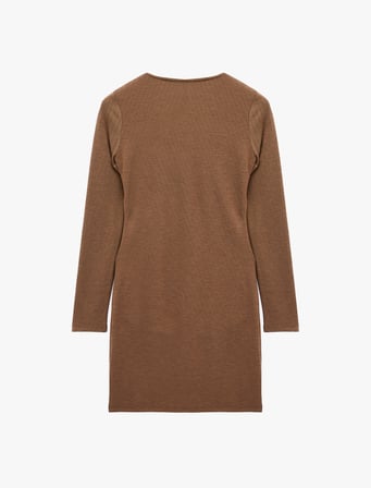 Koyun Yünü Karışımlı Slim Fit Uzun Kollu Drapeli Mini Elbise