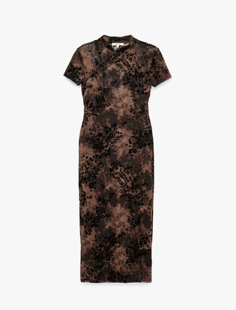 Yırtmaçlı Slim Fit Kısa Kollu Dik Qipao Yaka Kadife Çiçek Dokulu Tül Midi Elbise